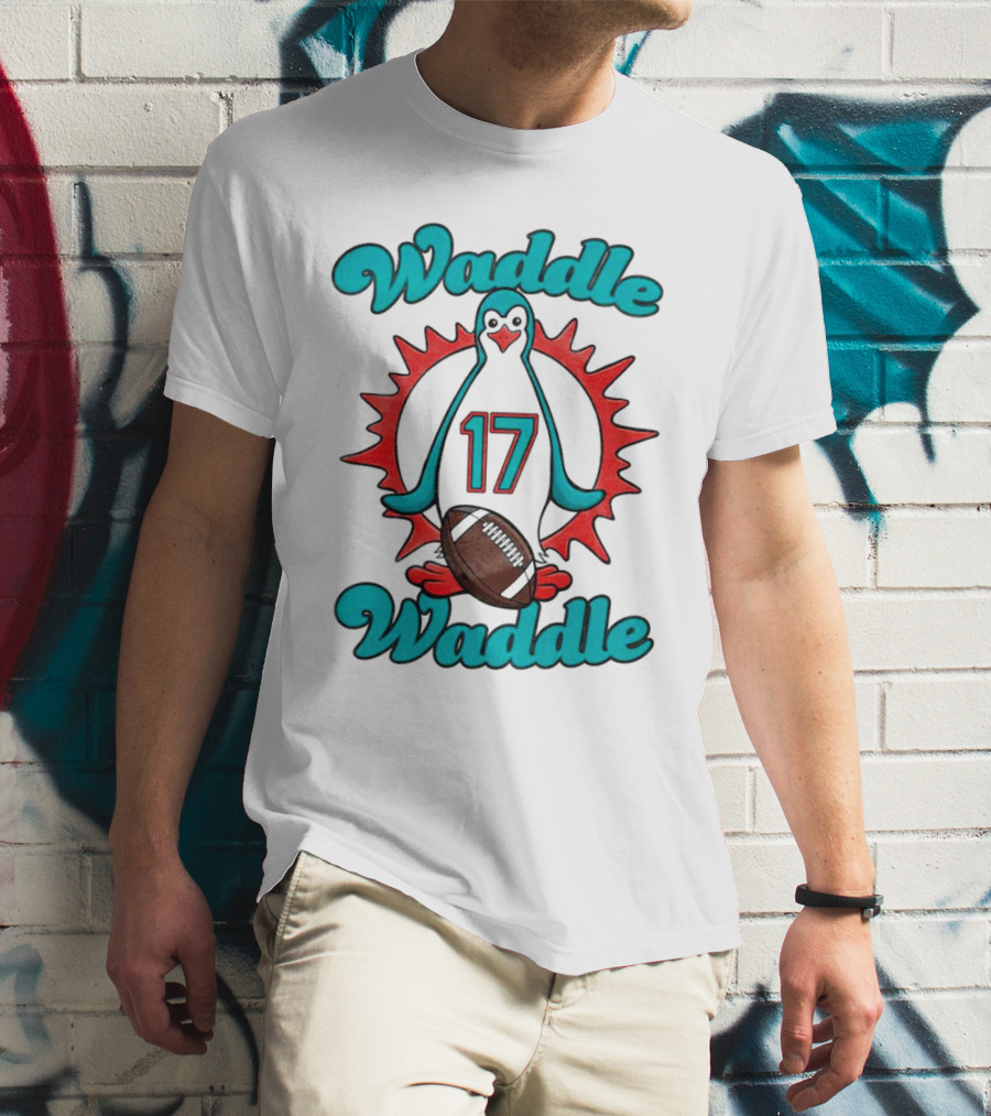 Waddle Waddle 17 Miami Dolphin Football Penguin T-Shirt