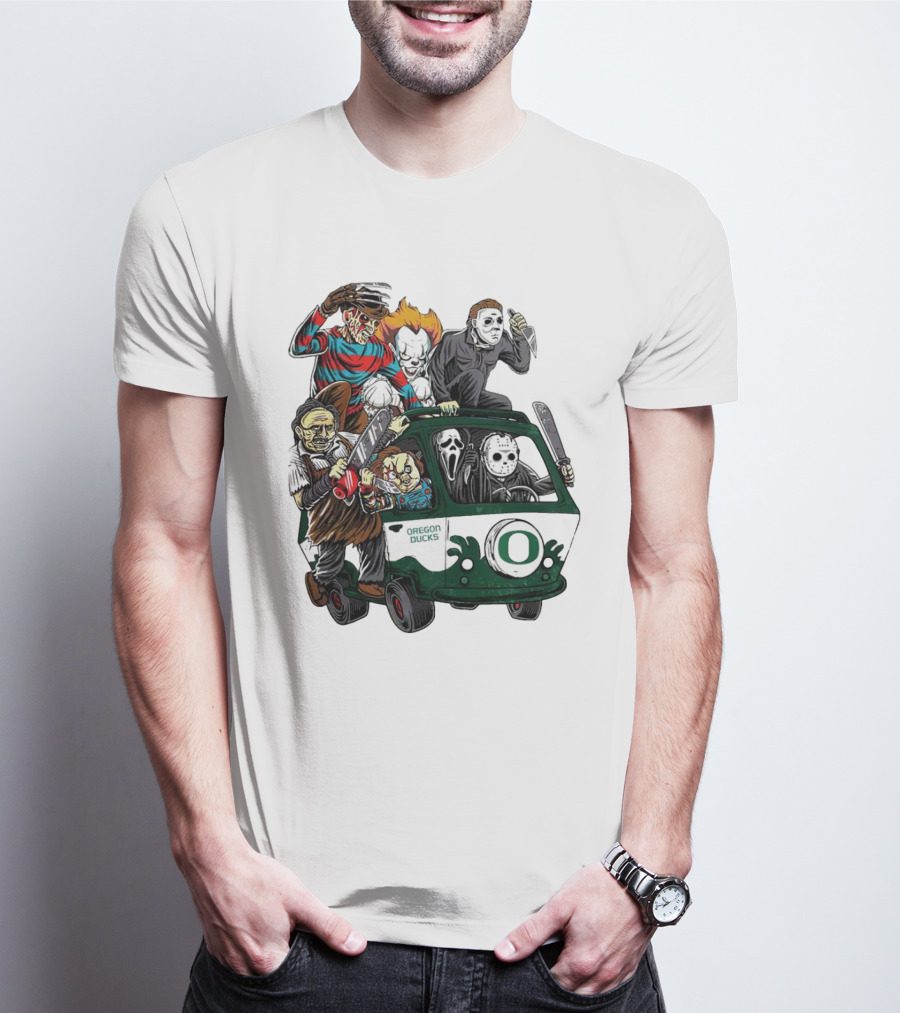 Oregon Ducks Horror Characters Bus Halloween Freddy Jason Michael Myers Pennywise Mask T-Shirt