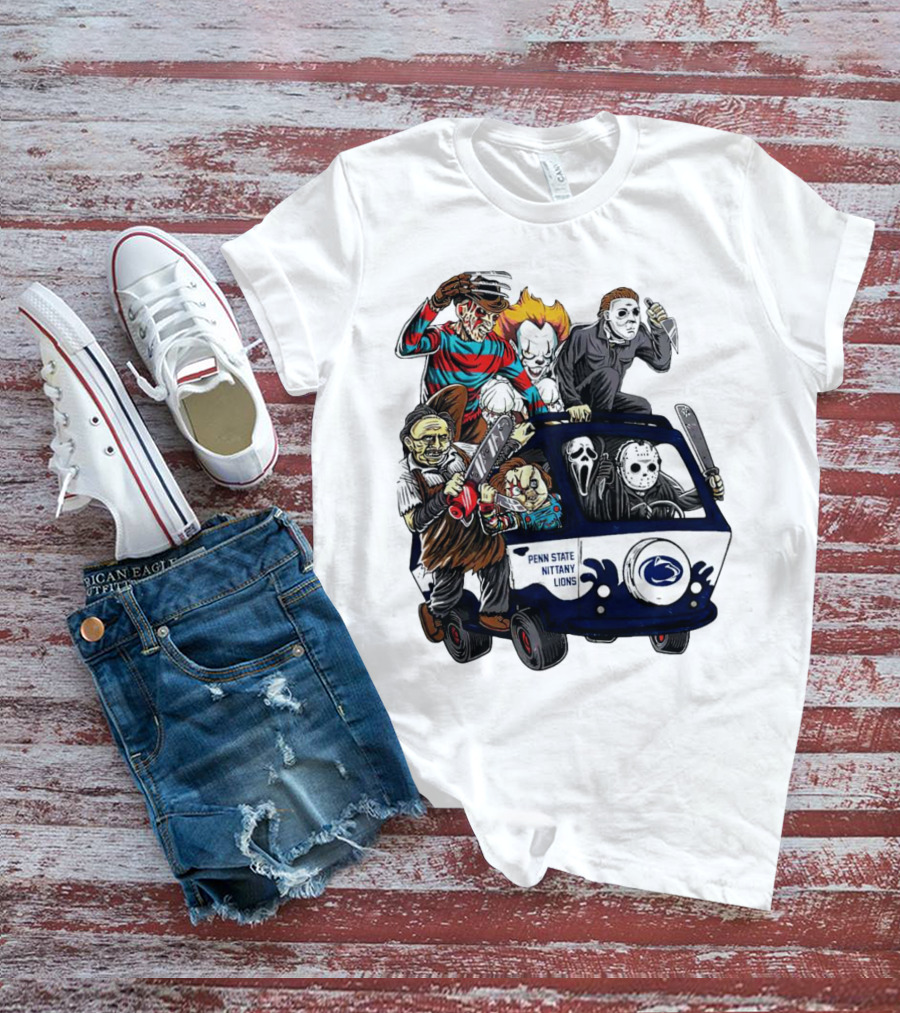 Penn State Nittany Lions Horror Movie Characters Halloween Bus T-Shirt