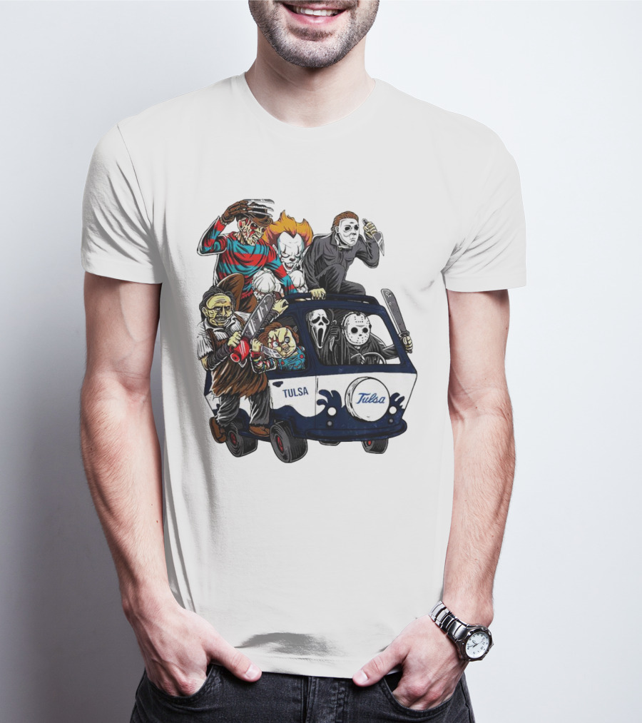 Tulsa Golden Hurricane Halloween Horror Characters Bus T-Shirt