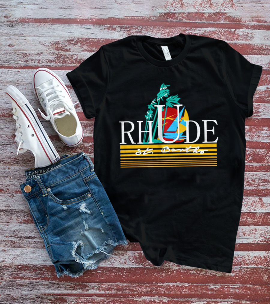 Rhude St Barths Vibrant Tropical Sailboat And Palm Trees T-Shirt