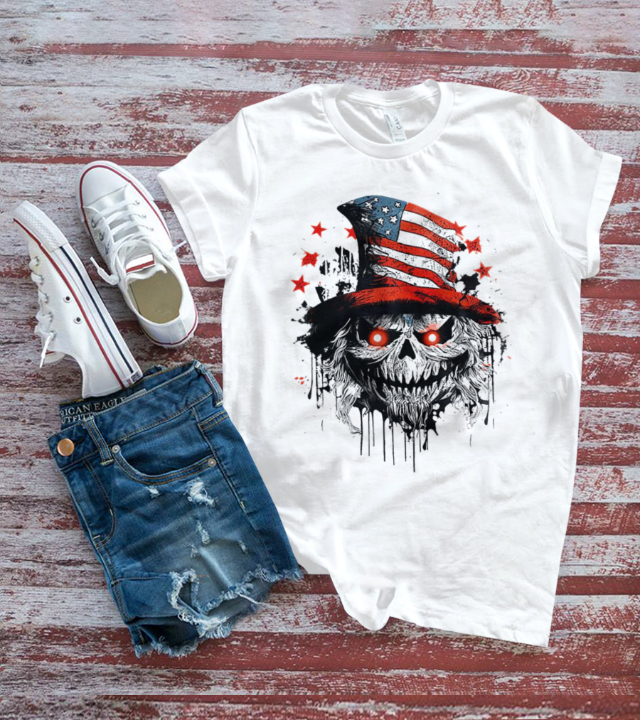 Creepy Uncle Sam Skeleton Skull Hat Dripping Red Eyes Halloween T-Shirt