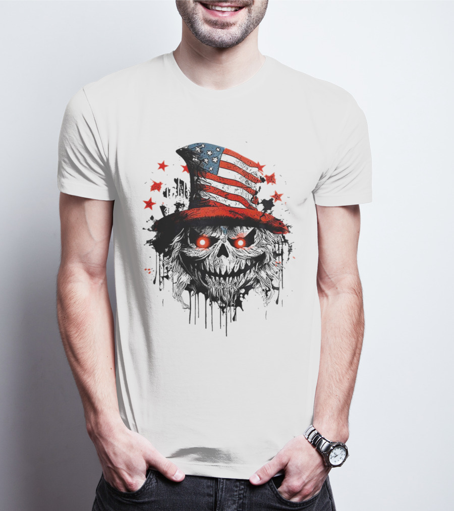 Creepy Uncle Sam Skeleton Skull Hat Dripping Red Eyes Halloween T-Shirt