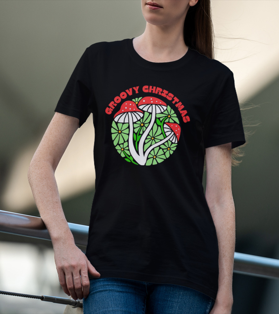 Groovy Christmas Psychedelic Mushrooms And Flowers T-Shirt