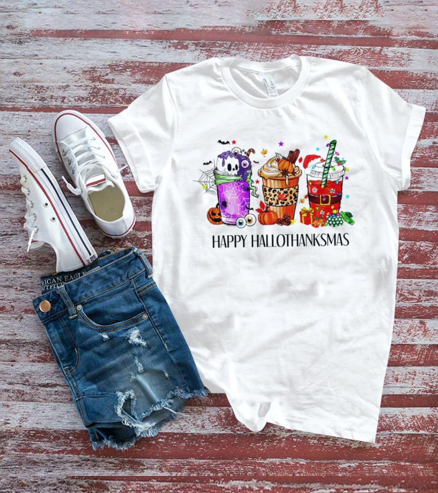 Happy Hallothanksmas With Spooky Fall And Festive Latte Trio T-Shirt