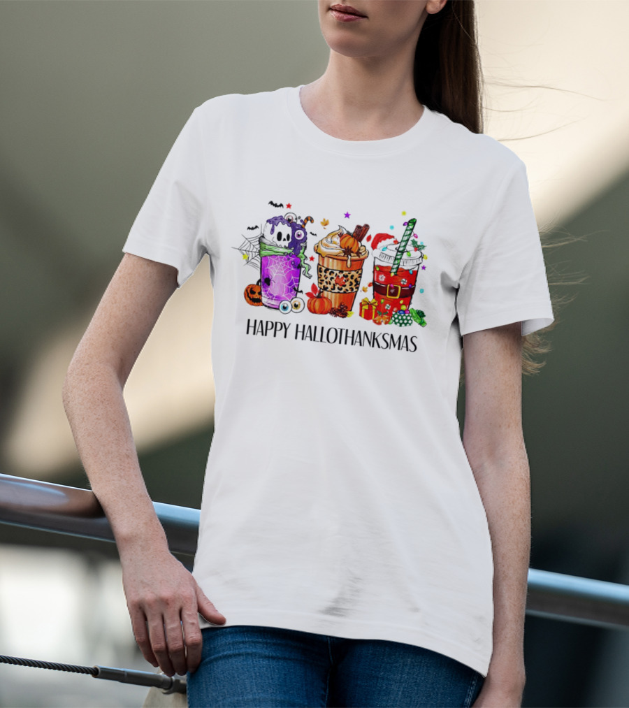 Happy Hallothanksmas With Spooky Fall And Festive Latte Trio T-Shirt