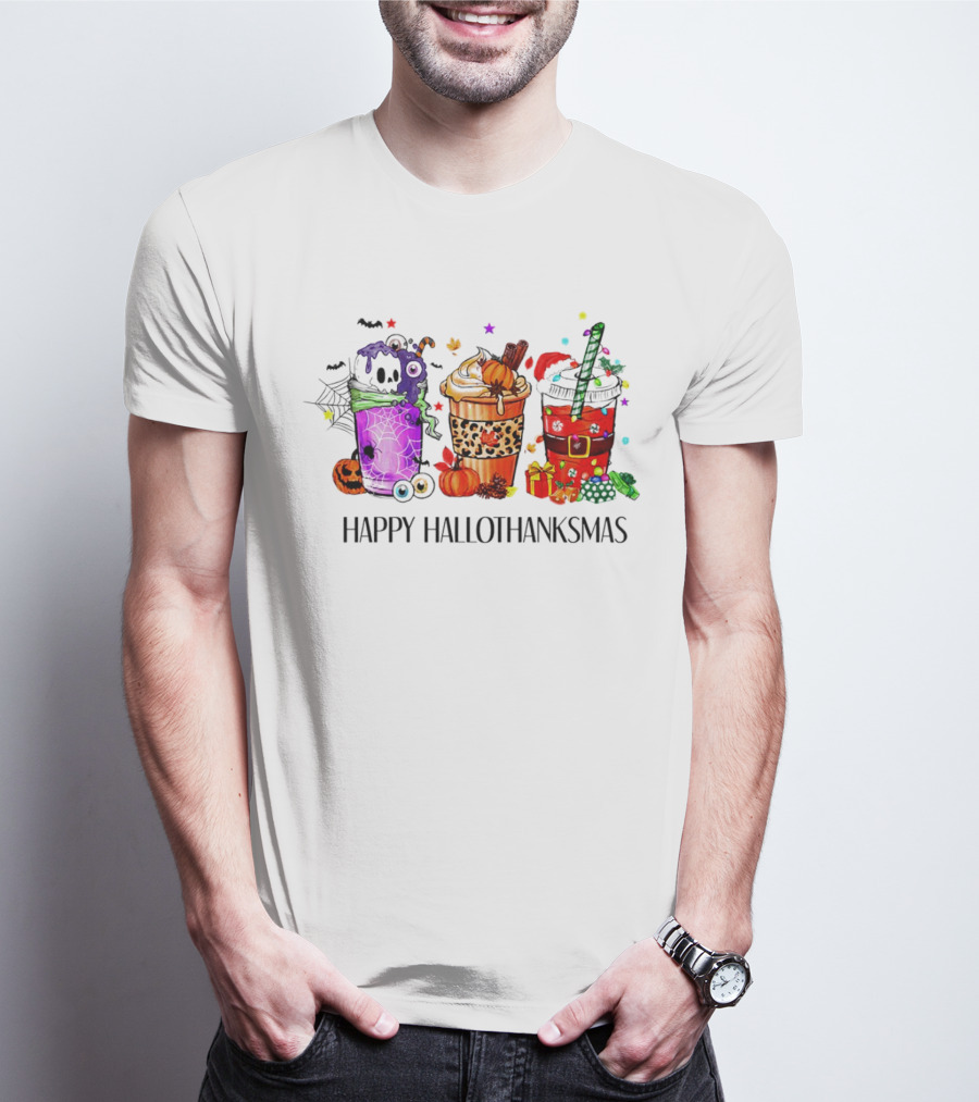 Happy Hallothanksmas With Spooky Fall And Festive Latte Trio T-Shirt