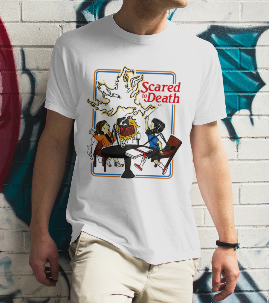 Scared To Death Podcast Horror Theme Two Hosts With Headphones Ghostly Flames T-Shirt