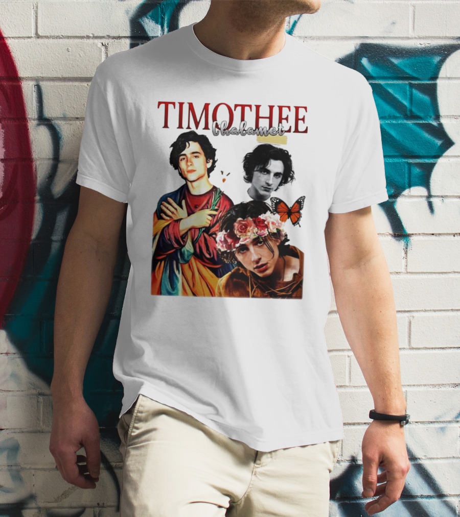 Timothee Chalamet Artistic Collage With Flowers And Butterfly T-Shirt