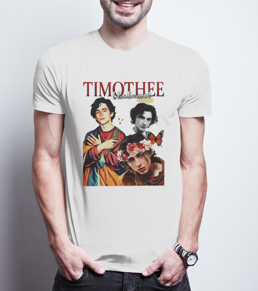 Timothee Chalamet Artistic Collage With Flowers And Butterfly T-Shirt