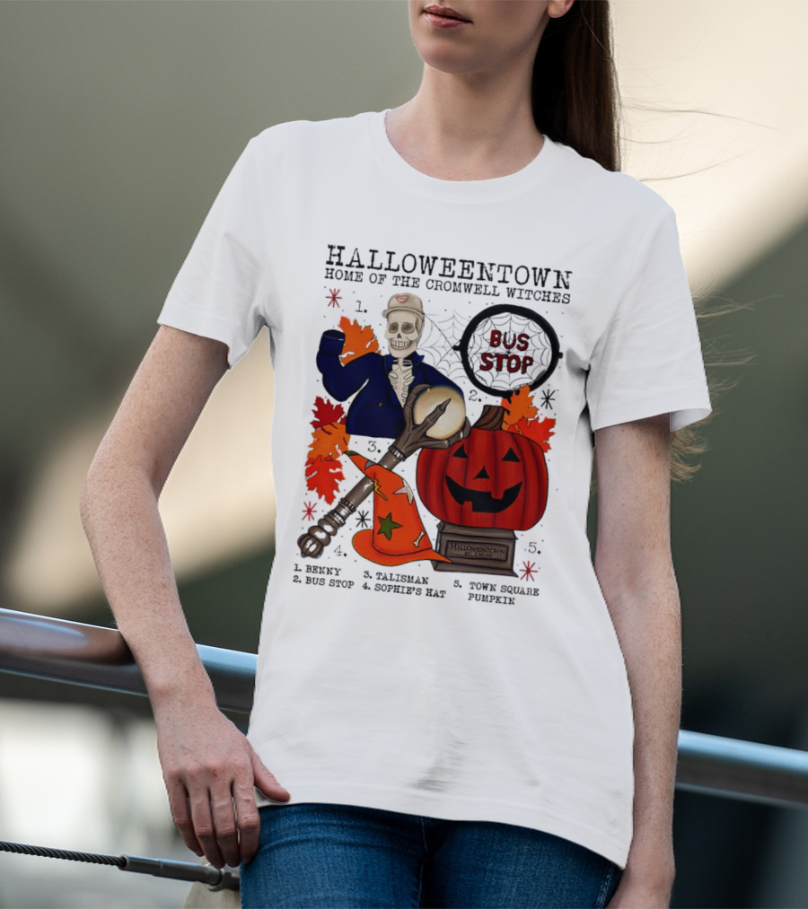 Halloweentown Home Of The Cromwell Witches Skeleton With Sophie’s Hat And Town Square Pumpkin T-Shirt
