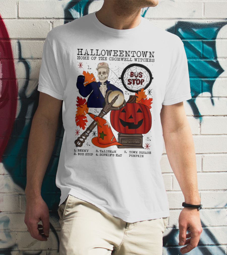 Halloweentown Home Of The Cromwell Witches Skeleton With Sophie’s Hat And Town Square Pumpkin T-Shirt