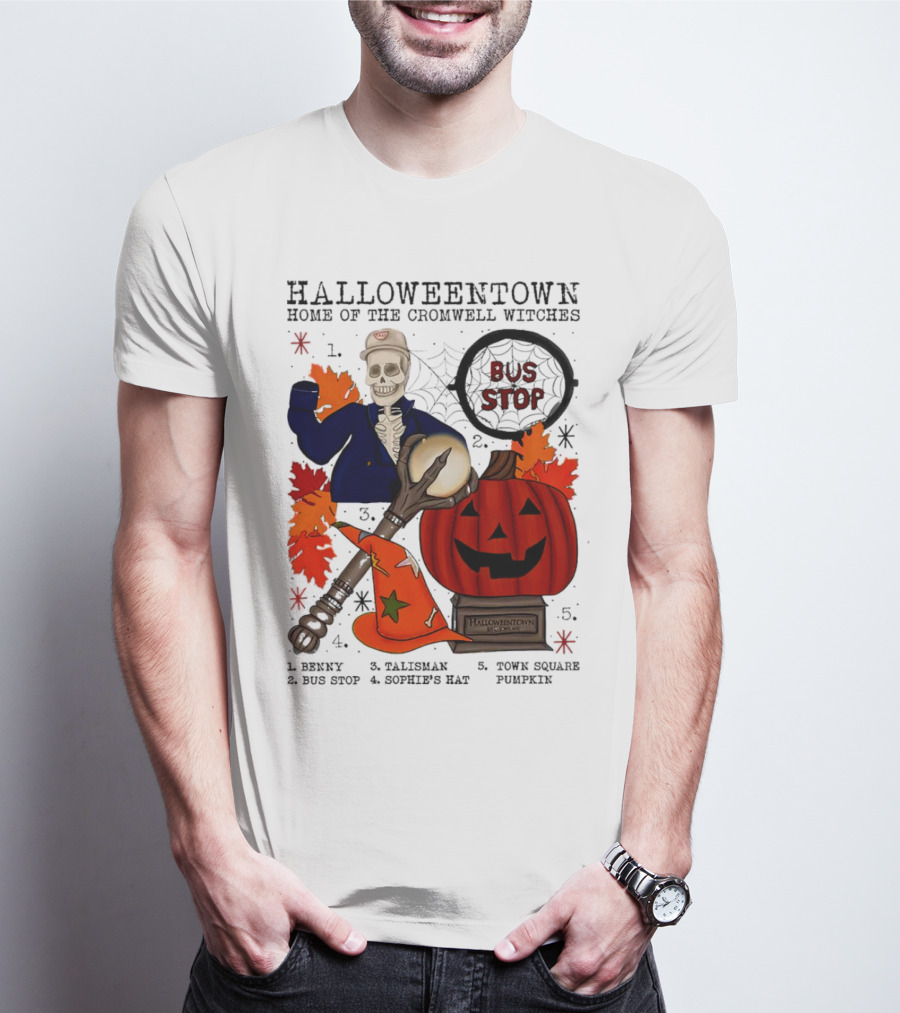 Halloweentown Home Of The Cromwell Witches Skeleton With Sophie’s Hat And Town Square Pumpkin T-Shirt