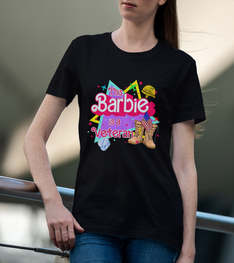 This Barbie Is A Veteran Boots American Flag Helmet Stars Background T-Shirt