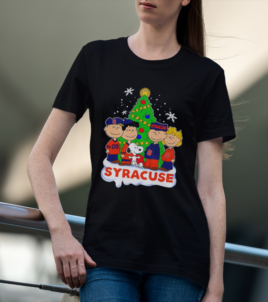 Peanuts Characters Christmas Tree Syracuse Orange Football Snowflakes T-Shirt