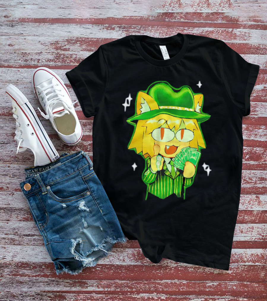 Sunny Waifu Gangster Neco-Arc Anime Cat Character With Money And Green Hat T-Shirt