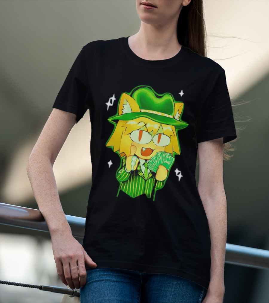 Sunny Waifu Gangster Neco-Arc Anime Cat Character With Money And Green Hat T-Shirt