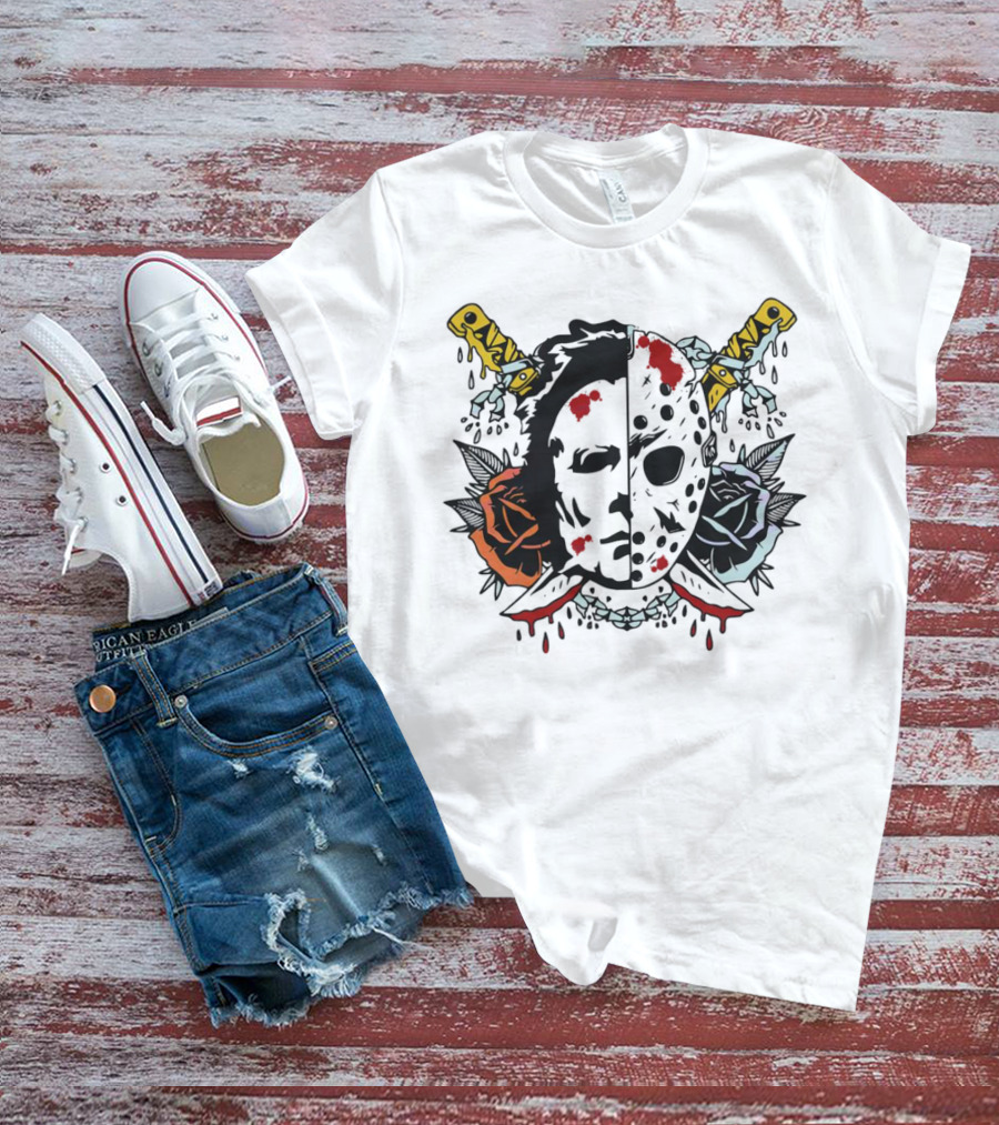 Floral Horror Movie Ghost Mask With Knives And Roses Vintage T-Shirt