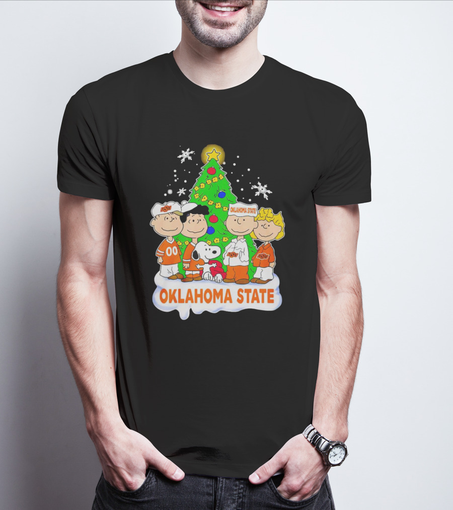 Peanuts Oklahoma State Cowboys Christmas Tree Snoopy Charlie Brown Lucy Peppermint Patty T-Shirt