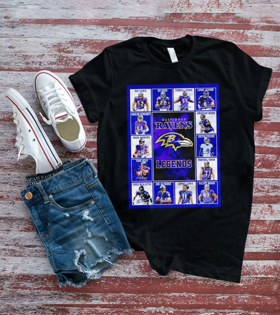 Baltimore Ravens Legends Ray Lewis Ed Reed Lamar Jackson Signature Collection T-Shirt