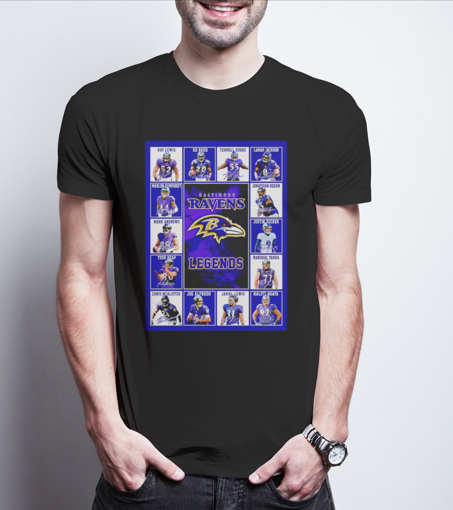 Baltimore Ravens Legends Ray Lewis Ed Reed Lamar Jackson Signature Collection T-Shirt