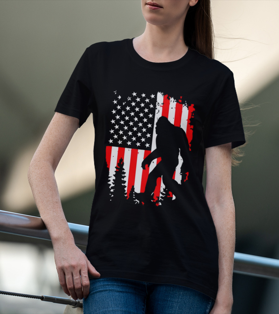 Bigfoot Silhouette With American Flag Background T-Shirt