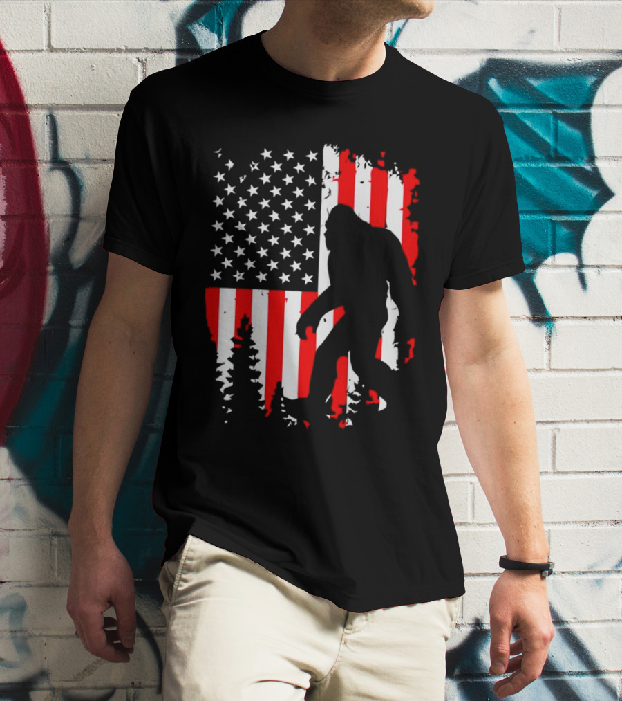 Bigfoot Silhouette With American Flag Background T-Shirt