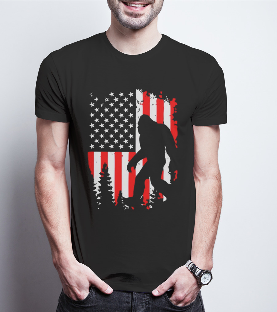 Bigfoot Silhouette With American Flag Background T-Shirt