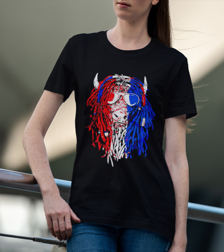 Buffalo Soldier Rasta Red Blue Bison Sunglasses Dreadlocks T-Shirt