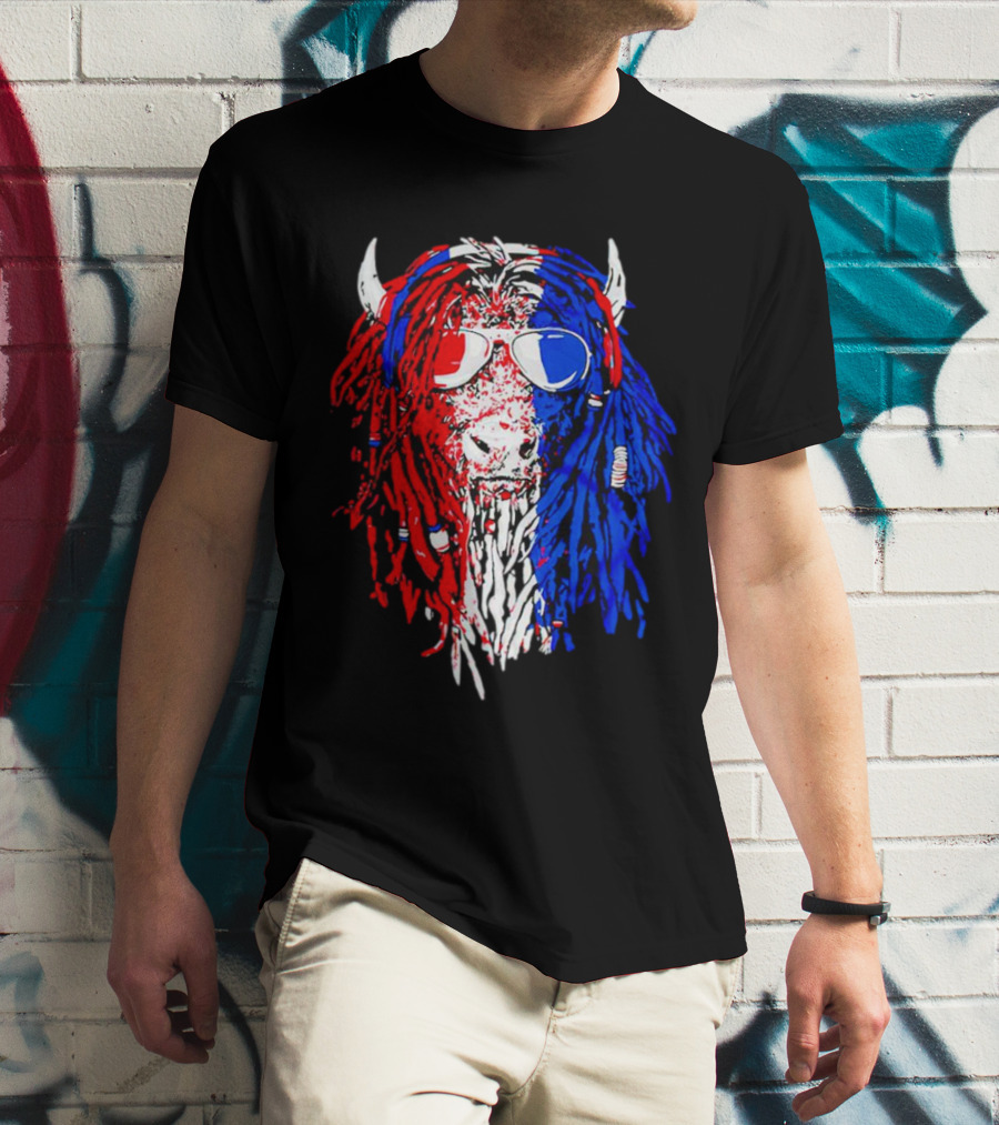 Buffalo Soldier Rasta Red Blue Bison Sunglasses Dreadlocks T-Shirt