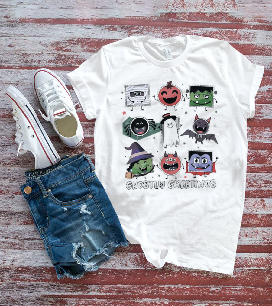 Ghostly Greetings With Halloween Monster Faces And Characters T-Shirt
