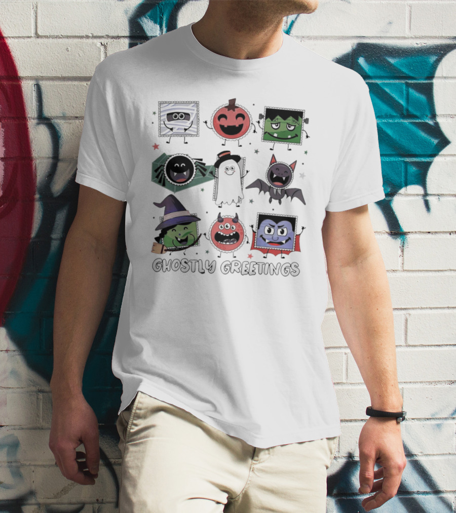 Ghostly Greetings With Halloween Monster Faces And Characters T-Shirt