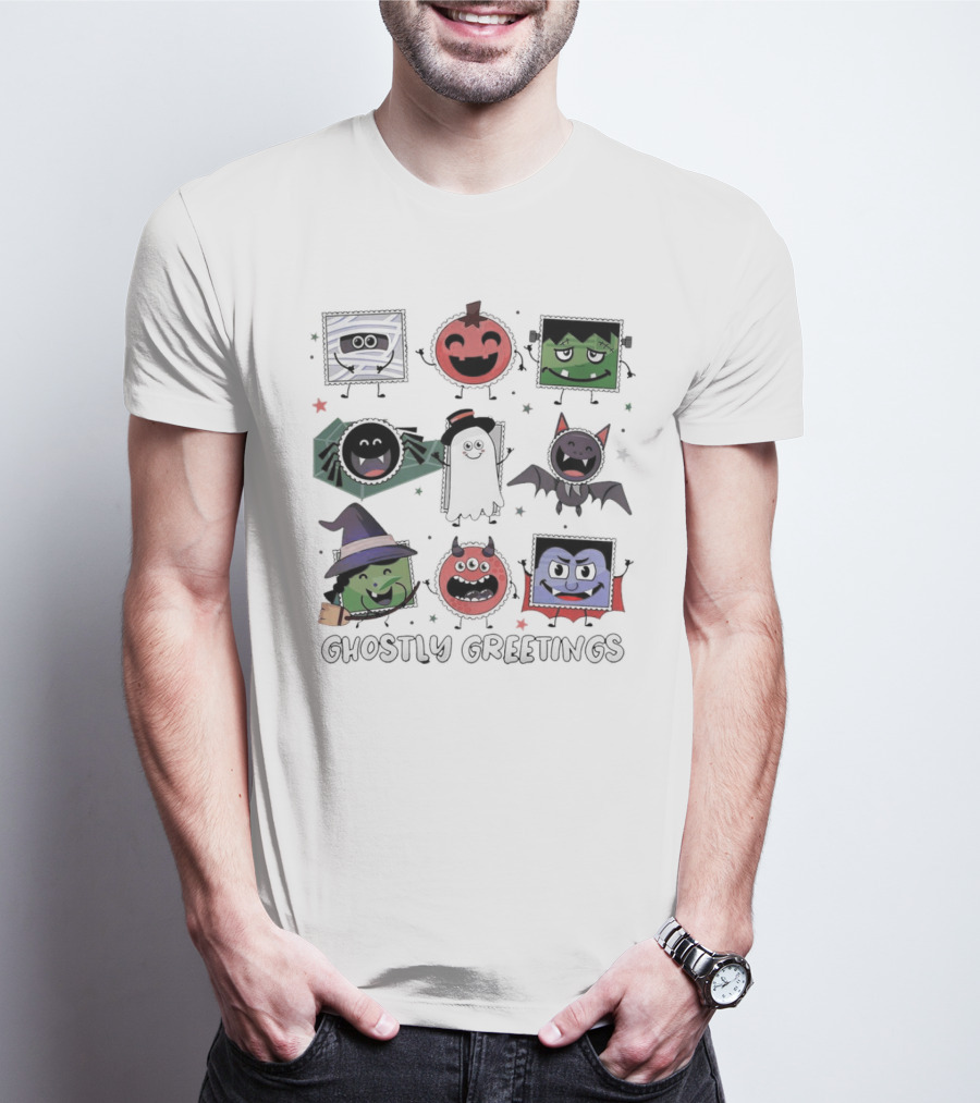Ghostly Greetings With Halloween Monster Faces And Characters T-Shirt