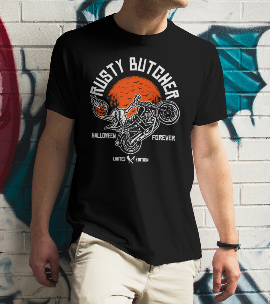 Rusty Butcher Halloween Forever Pumpkin Motorcycle Moon Bats T-Shirt