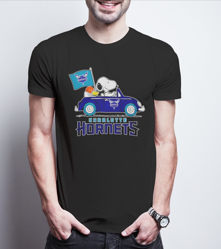 Charlotte Hornets Snoopy Dog Driving Car With Flag T-Shirt