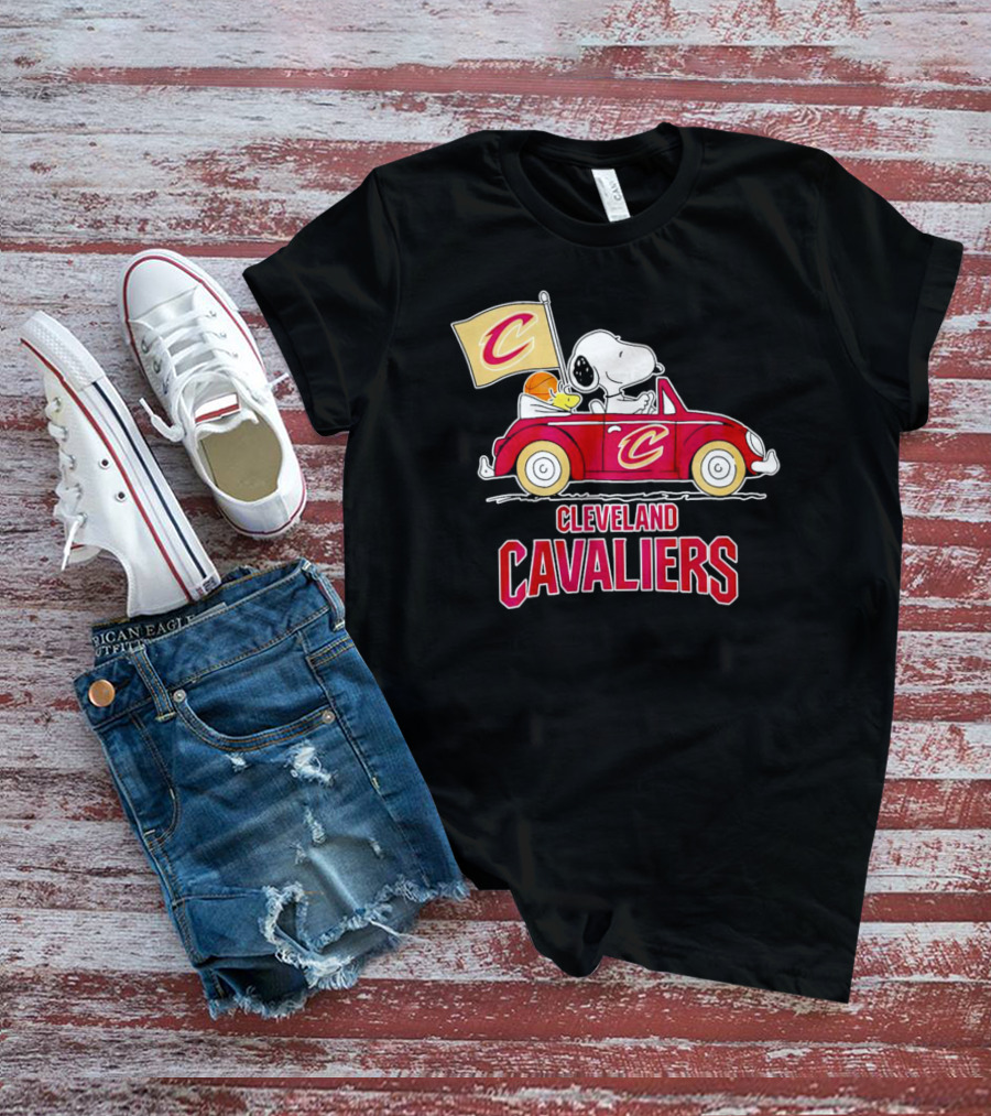 Cleveland Cavaliers Snoopy Driving Car With Basketball And Flag T-Shirt