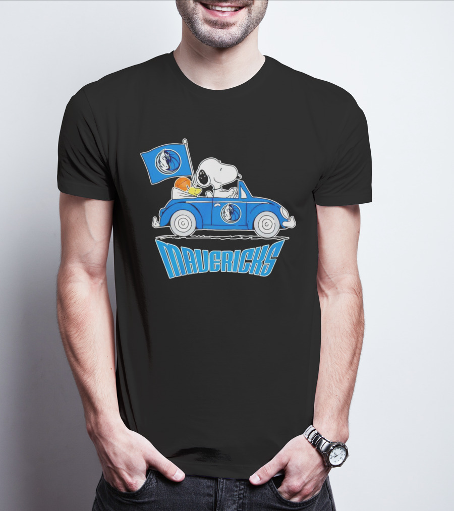 Mavericks Basketball Snoopy Driving Car With Logo Flag T-Shirt