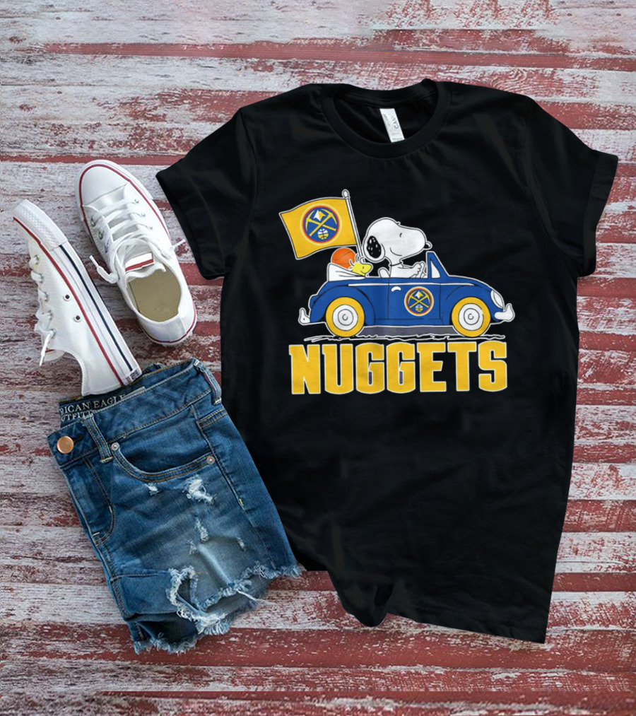 Denver Nuggets Snoopy Driving Car With Basketball Flag T-Shirt