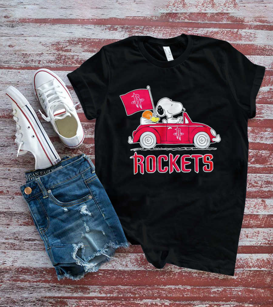 Rockets Snoopy Driving Red Car With Basketball Flag T-Shirt
