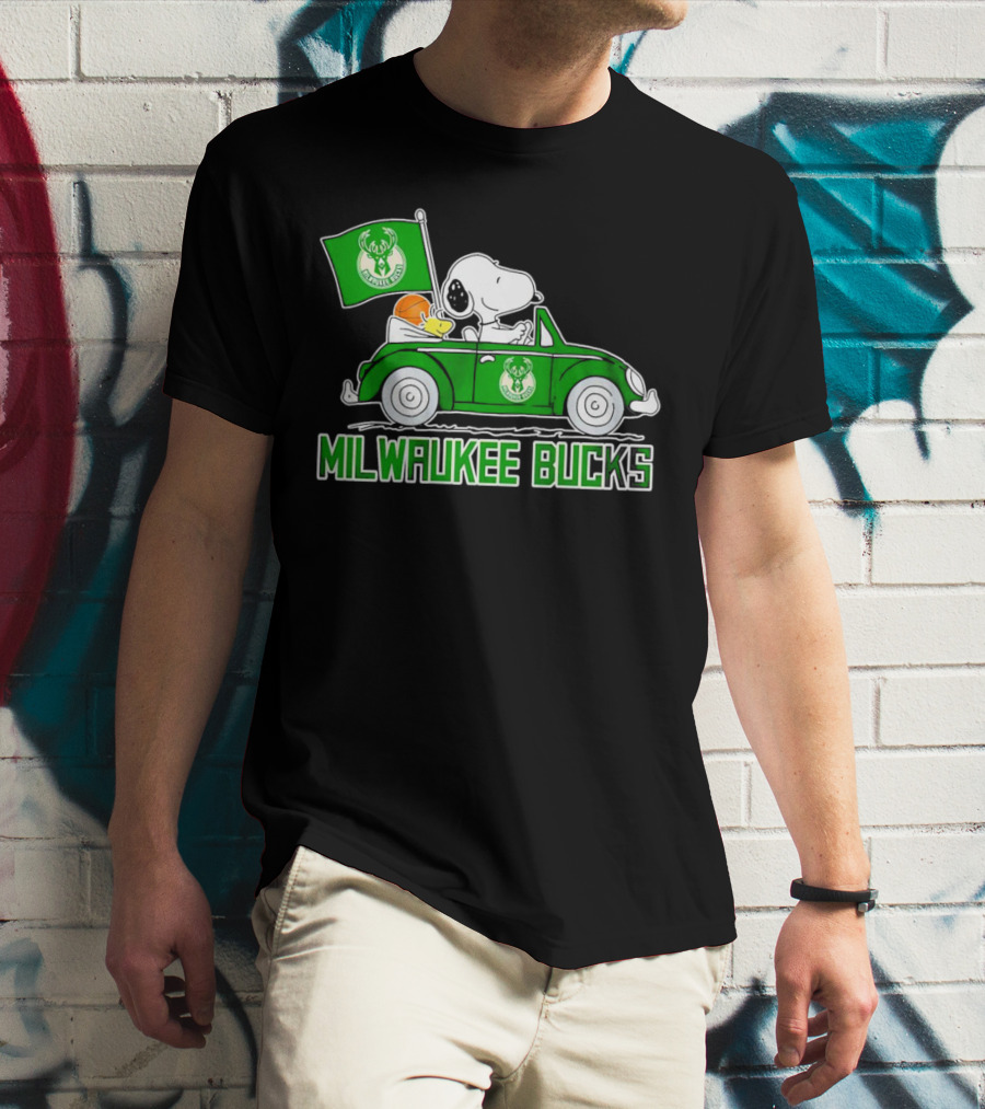 Milwaukee Bucks Snoopy Driving Car With Basketball And Team Flag T-Shirt
