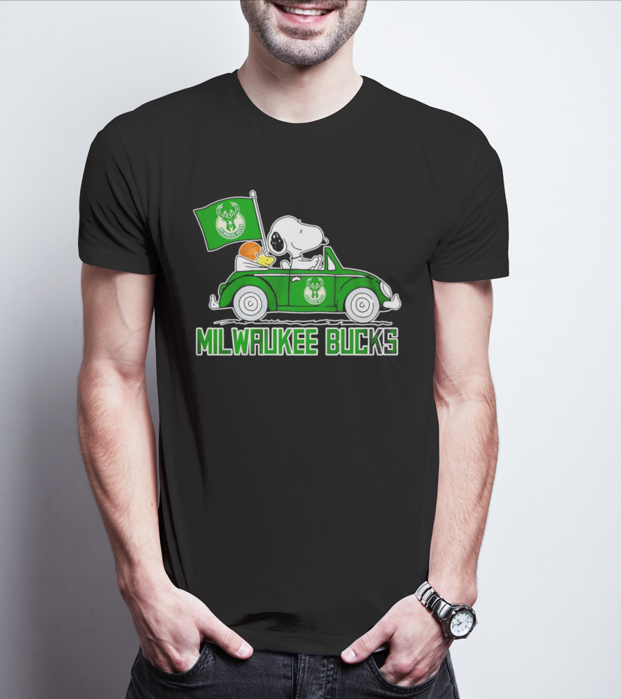 Milwaukee Bucks Snoopy Driving Car With Basketball And Team Flag T-Shirt
