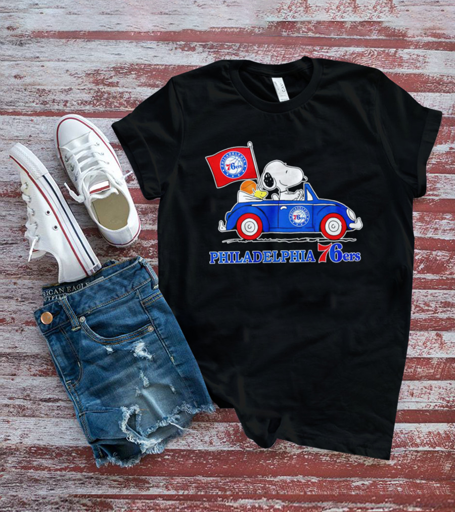 Philadelphia 76ers Snoopy Driving Car With Basketball And Flag T-Shirt
