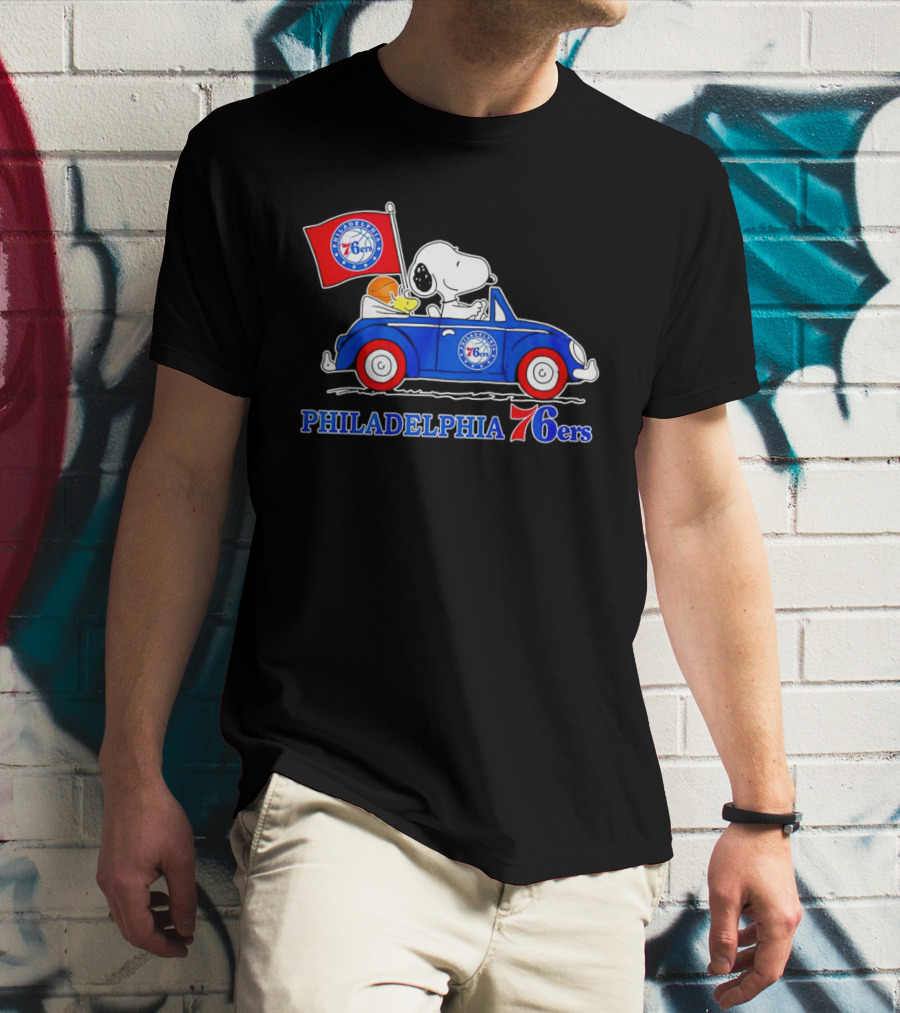 Philadelphia 76ers Snoopy Driving Car With Basketball And Flag T-Shirt