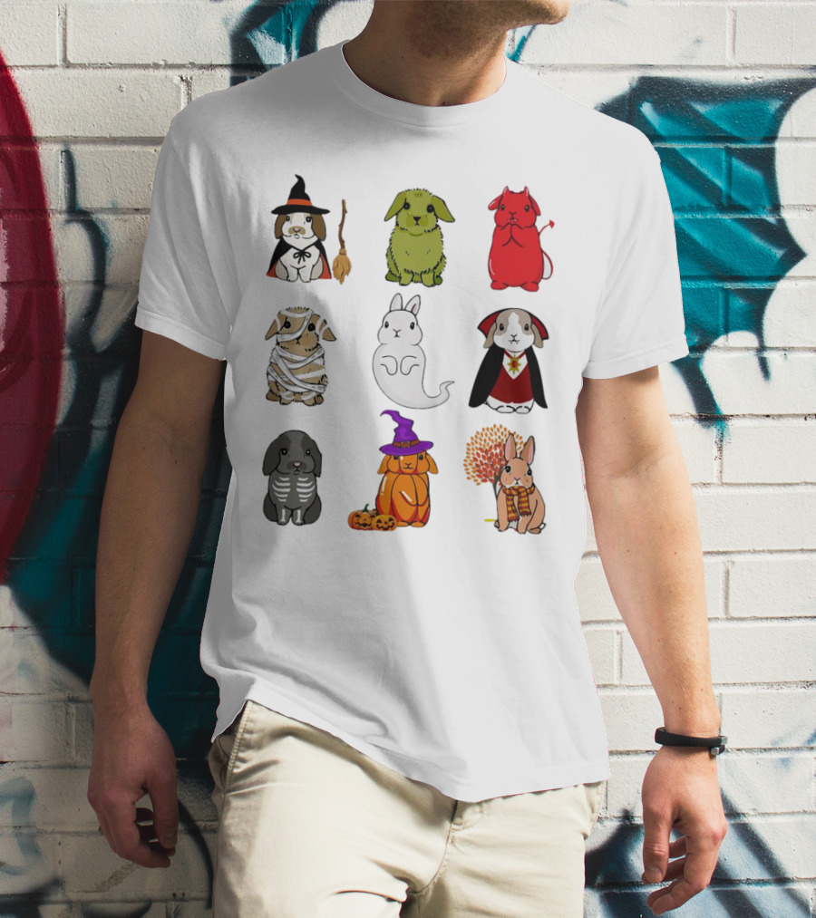 Bunny Witch Mummy Ghost Vampire Skeleton Pumpkin Bat Cute Halloween T-Shirt