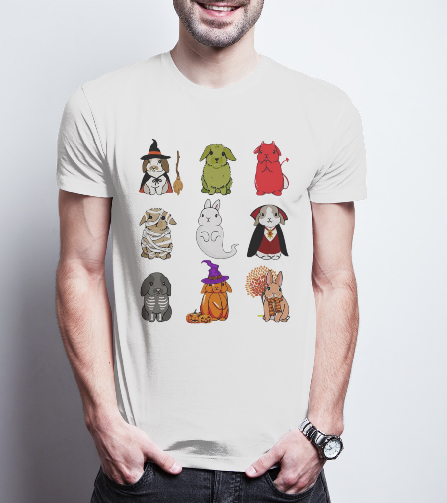Bunny Witch Mummy Ghost Vampire Skeleton Pumpkin Bat Cute Halloween T-Shirt