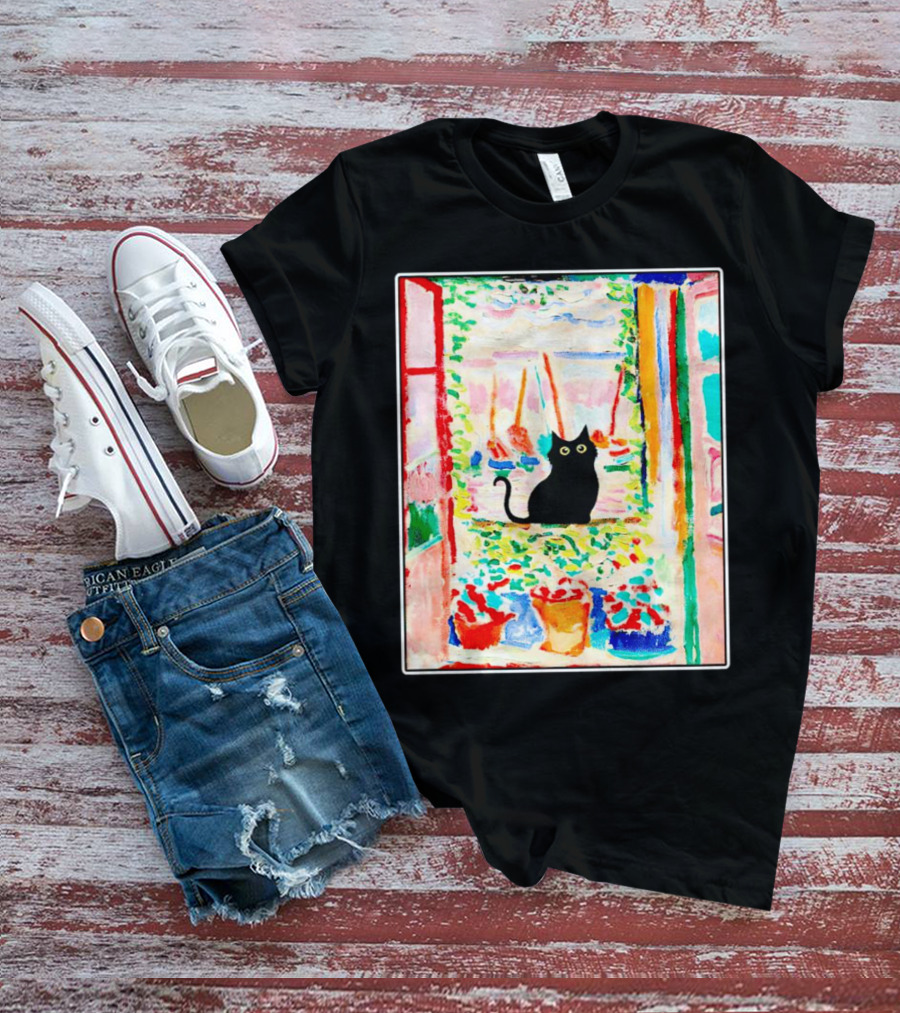 Black Cat In Vibrant Open Window Scene With Colorful T-Shirt