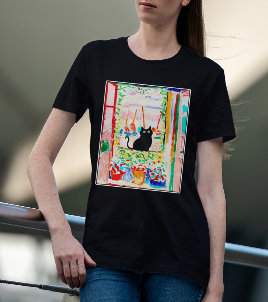 Black Cat In Vibrant Open Window Scene With Colorful T-Shirt