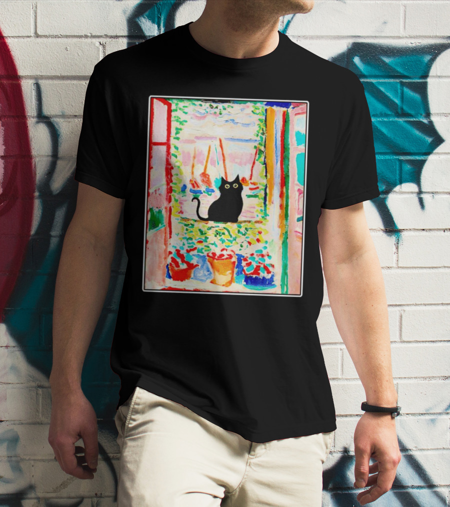 Black Cat In Vibrant Open Window Scene With Colorful T-Shirt
