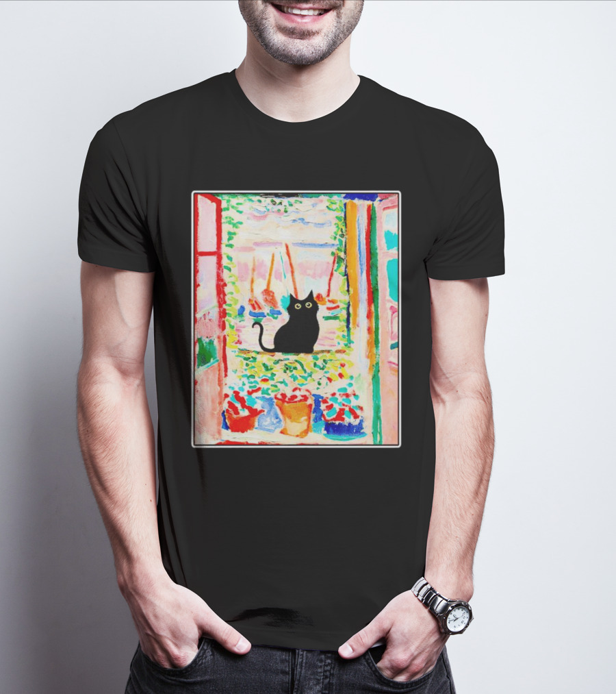 Black Cat In Vibrant Open Window Scene With Colorful T-Shirt