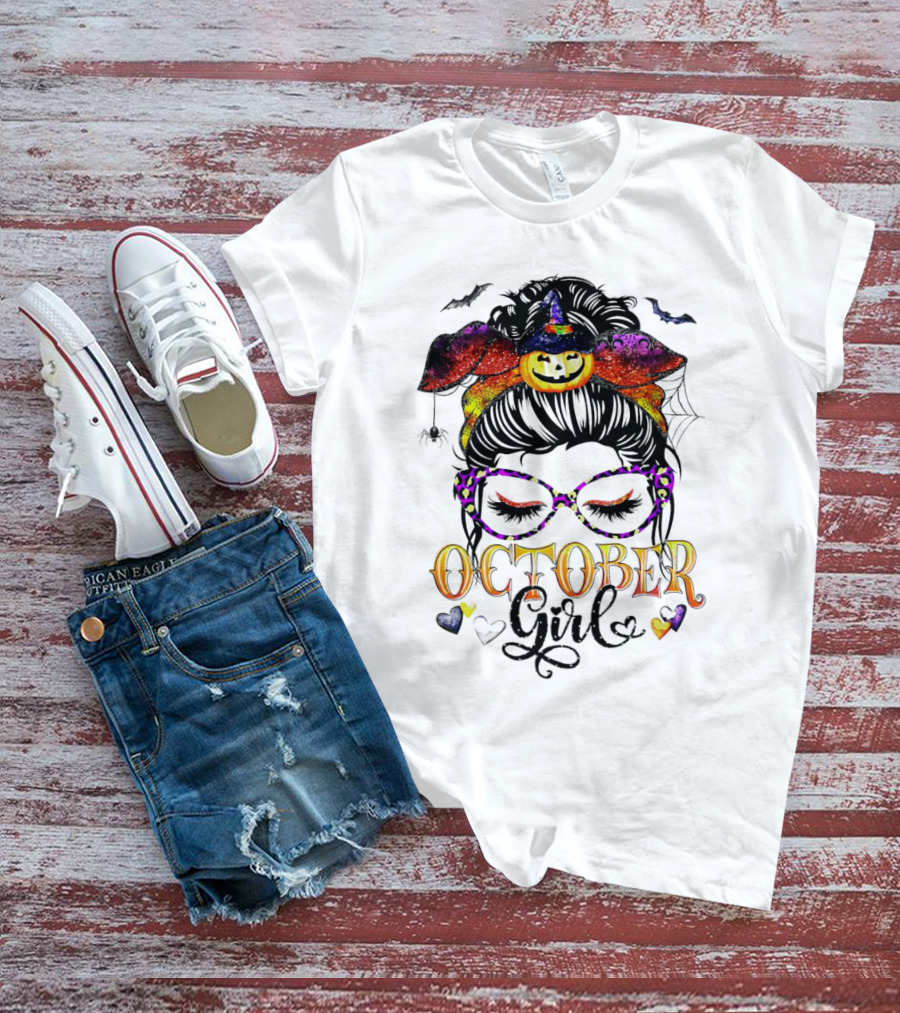 Messy Bun Pumpkin Witch Hat Spider Bats Glasses October Girl Halloween T-Shirt